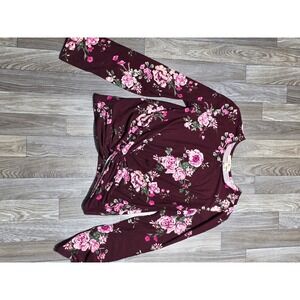 Wishful Park Floral Knot Front Top Long Sleeve Burgundy‎ Blouse Size L